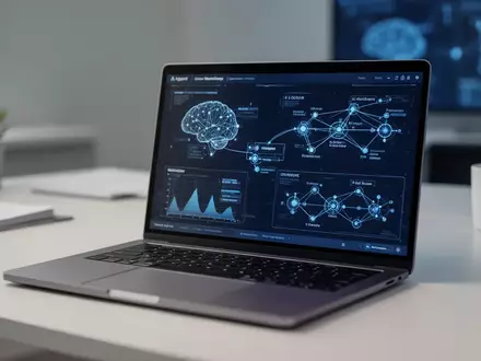 Ein moderner Arbeitsplatz mit einem Laptop, der komplexe Netzwerkdiagramme und Datenvisualisierungen für KI-Agenten zeigt. - Foto: über boerse-global.de