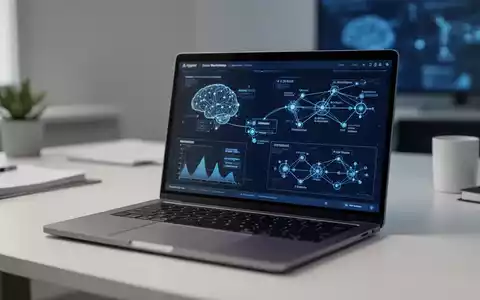 Ein moderner Arbeitsplatz mit einem Laptop, der komplexe Netzwerkdiagramme und Datenvisualisierungen für KI-Agenten zeigt. - Foto: über boerse-global.de