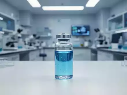 Ein gläsernes Fläschchen mit einer blauen Flüssigkeit in einem modernen, hell beleuchteten medizinischen Labor. - Foto: über boerse-global.de