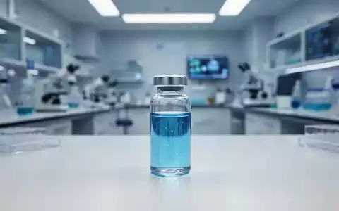 Ein gläsernes Fläschchen mit einer blauen Flüssigkeit in einem modernen, hell beleuchteten medizinischen Labor. - Foto: über boerse-global.de