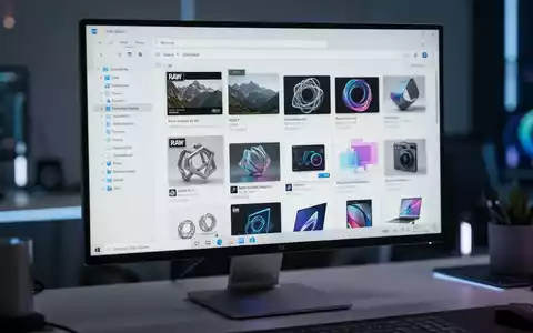 Hochauflösender Bildschirm mit einem Windows-Datei-Explorer-Fenster und modernen Dateiformat-Miniaturansichten. - Foto: über boerse-global.de