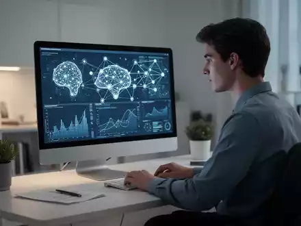 Ein junger Berufstätiger arbeitet an einem modernen Computer, auf dessen Bildschirm komplexe KI-Datenvisualisierungen zu sehen sind. - Foto: über boerse-global.de