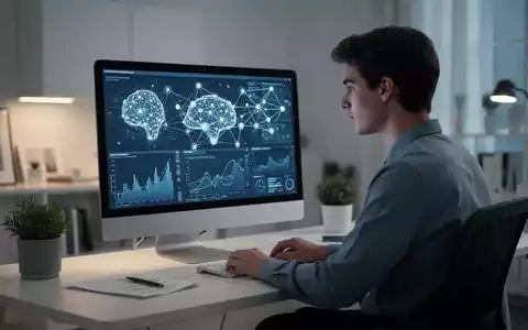 Ein junger Berufstätiger arbeitet an einem modernen Computer, auf dessen Bildschirm komplexe KI-Datenvisualisierungen zu sehen sind. - Foto: über boerse-global.de