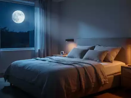 Modernes Schlafzimmer bei Nacht mit sanfter Beleuchtung, Fokus auf Erholung und Schlafqualität. - Foto: über boerse-global.de
