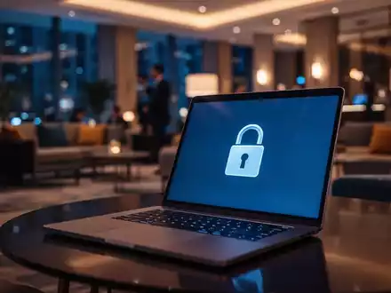 Ein moderner Laptop in einer Hotel-Lobby mit einem digitalen Sicherheitssymbol auf dem Bildschirm als Symbol für Cyber-Bedrohungen. - Foto: über boerse-global.de