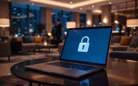 Ein moderner Laptop in einer Hotel-Lobby mit einem digitalen Sicherheitssymbol auf dem Bildschirm als Symbol für Cyber-Bedrohungen. - Foto: über boerse-global.de