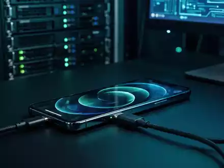 Ein Smartphone, das über ein USB-Kabel mit einem Computer verbunden ist, vor einem verschwommenen technologischen Hintergrund. - Foto: über boerse-global.de