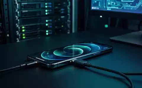Ein Smartphone, das über ein USB-Kabel mit einem Computer verbunden ist, vor einem verschwommenen technologischen Hintergrund. - Foto: über boerse-global.de