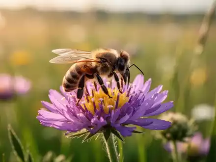 Eine Honigbiene auf einer Wildblume in einer Wiese, symbolisch für die Apitoxin-Therapie bei Borreliose. - Foto: über boerse-global.de