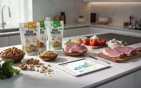 Moderne Küche mit proteinreichen Lebensmitteln und einem digitalen Tablet, das Marktwachstumsdiagramme anzeigt. - Foto: über boerse-global.de