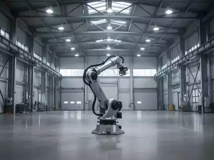 Eine leere, moderne Industriehalle mit einem Roboterarm als Symbol für den Stellenabbau in Deutschland. - Foto: über boerse-global.de