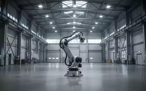 Eine leere, moderne Industriehalle mit einem Roboterarm als Symbol für den Stellenabbau in Deutschland. - Foto: über boerse-global.de