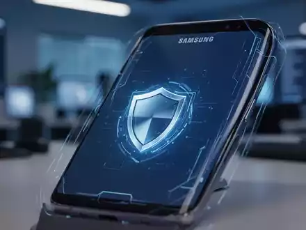 Ein modernes Samsung-Smartphone zeigt ein Sicherheitssymbol auf dem Display vor einem verschwommenen Büro-Hintergrund. - Foto: über boerse-global.de