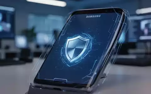 Ein modernes Samsung-Smartphone zeigt ein Sicherheitssymbol auf dem Display vor einem verschwommenen Büro-Hintergrund. - Foto: über boerse-global.de
