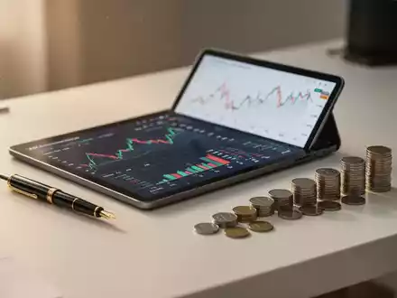 Ein moderner Schreibtisch mit einem Tablet für Finanzanalysen und geordneten Münzstapeln als Symbol für Liquiditätsplanung. - Foto: über boerse-global.de