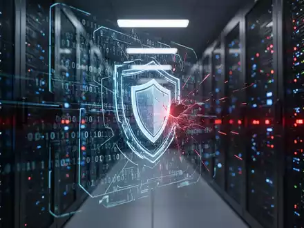 Digitale Visualisierung von Serverinfrastruktur mit Warnsymbolen und binärem Code als Metapher für Cyberangriffe. - Foto: über boerse-global.de