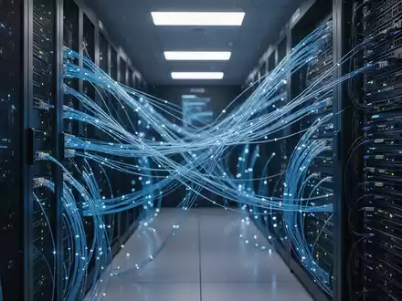 Moderne Serveranlage mit blau leuchtenden Glasfaserkabeln als Symbol für digitale Sicherheitsüberwachung. - Foto: über boerse-global.de