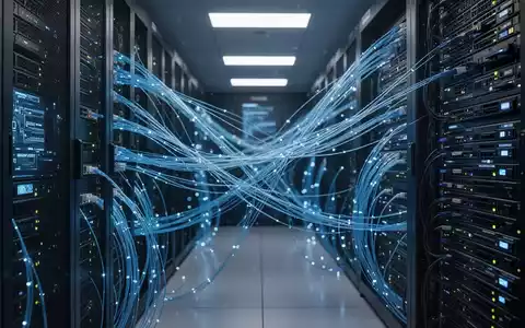 Moderne Serveranlage mit blau leuchtenden Glasfaserkabeln als Symbol für digitale Sicherheitsüberwachung. - Foto: über boerse-global.de