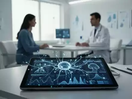 Ein moderner Behandlungsraum mit digitaler Darstellung von Nervenbahnen und medizinischen Daten auf einem Tablet. - Foto: über boerse-global.de