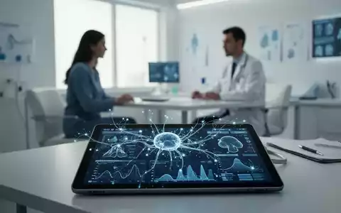 Ein moderner Behandlungsraum mit digitaler Darstellung von Nervenbahnen und medizinischen Daten auf einem Tablet. - Foto: über boerse-global.de