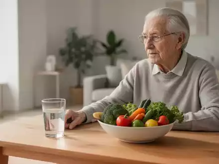 Eine ältere Person sitzt an einem hellen Tisch mit gesundem Essen und einem Glas Wasser. - Foto: über boerse-global.de