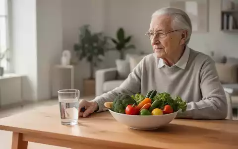 Eine ältere Person sitzt an einem hellen Tisch mit gesundem Essen und einem Glas Wasser. - Foto: über boerse-global.de