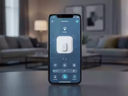 Modernes Smartphone mit Smart-Home-Benutzeroberfläche und verschwommenem Wohnzimmer im Hintergrund. - Foto: über boerse-global.de