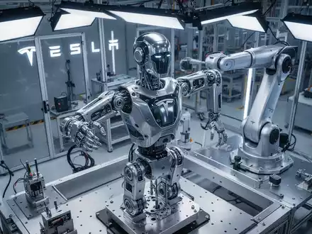Ein humanoider Roboterrahmen wird in einer modernen Industrieanlage an einer Hightech-Fertigungslinie montiert. - Foto: über boerse-global.de