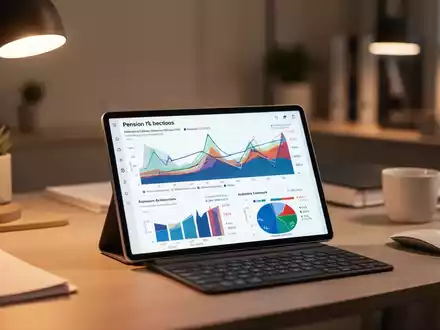 Ein moderner Schreibtisch mit einem Tablet, das statistische Diagramme zu Rentendaten und Lebensbedingungen anzeigt. - Foto: ĂŒber boerse-global.de