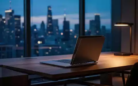 Modernes Homeoffice mit Laptop an einem Schreibtisch vor einer nächtlichen Stadtkulisse. - Foto: über boerse-global.de