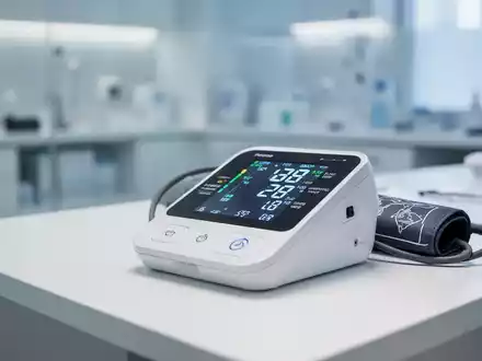 Digitales Blutdruckmessgerät auf einem Schreibtisch in einer modernen Arztpraxis. - Foto: über boerse-global.de