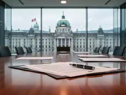 Moderner Konferenztisch mit juristischen Dokumenten vor dem unscharfen Schweizer Bundeshaus, symbolisch für Konzernhaftung. - Foto: über boerse-global.de