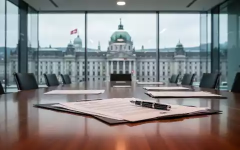 Moderner Konferenztisch mit juristischen Dokumenten vor dem unscharfen Schweizer Bundeshaus, symbolisch für Konzernhaftung. - Foto: über boerse-global.de