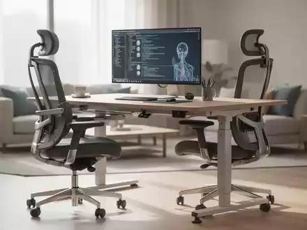 Ein modern eingerichteter, ergonomischer Arbeitsplatz im Home-Office mit einem höhenverstellbaren Schreibtisch und Stuhl. - Foto: über boerse-global.de