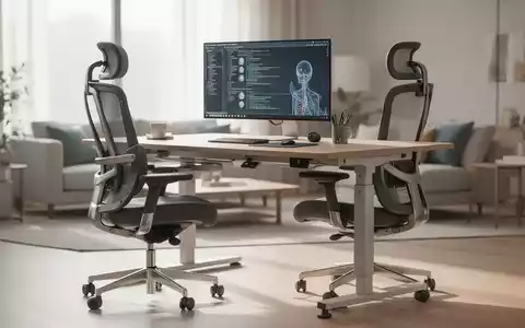 Ein modern eingerichteter, ergonomischer Arbeitsplatz im Home-Office mit einem höhenverstellbaren Schreibtisch und Stuhl. - Foto: über boerse-global.de