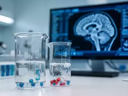 Medizinisches Labor mit Reagenzglas und Gehirn-Scan auf einem Monitor als Symbol für die Glucosamin-Forschung. - Foto: über boerse-global.de