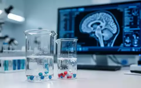 Medizinisches Labor mit Reagenzglas und Gehirn-Scan auf einem Monitor als Symbol für die Glucosamin-Forschung. - Foto: über boerse-global.de