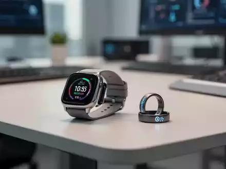 Ein moderner Büroarbeitsplatz mit Smartwatch und Gesundheitsring als Symbole für KI-gestützte Gesundheitsprävention. - Foto: über boerse-global.de