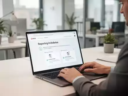 Person an einem Laptop in einem modernen Büro, die ein digitales Meldeformular zur Dokumentation von Diskriminierung nutzt. - Foto: über boerse-global.de