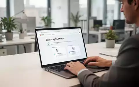 Person an einem Laptop in einem modernen Büro, die ein digitales Meldeformular zur Dokumentation von Diskriminierung nutzt. - Foto: über boerse-global.de