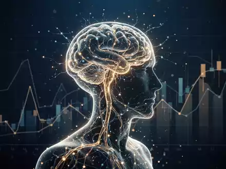 Abstrakte Darstellung eines leuchtenden neuronalen Netzwerks kombiniert mit Finanzdiagrammen, die den Zusammenhang zwischen wirtschaftlicher Belastung und Gehirngesundheit symbolisiert. - Foto: über boerse-global.de