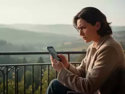 Eine Person sitzt nachdenklich mit einem Smartphone auf einem Balkon vor einer ruhigen Urlaubslandschaft. - Foto: über boerse-global.de