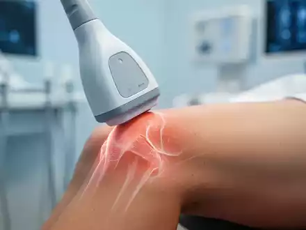 Ein medizinisches Ultraschallgerät bei der Anwendung an einem menschlichen Knie zur Behandlung von Gelenkschmerzen. - Foto: über boerse-global.de