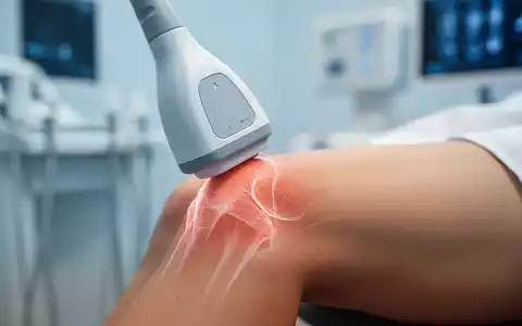 Ein medizinisches Ultraschallgerät bei der Anwendung an einem menschlichen Knie zur Behandlung von Gelenkschmerzen. - Foto: über boerse-global.de