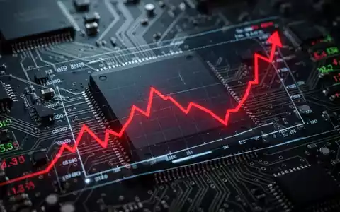 Roter Abwärtstrend auf einem digitalen Börsenchart mit einem Mikrochip im Hintergrund. - Foto: über boerse-global.de