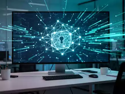 Digitale Visualisierung einer sicheren Software-Lieferkette mit Datenströmen und Netzwerkknoten auf einem Monitor. - Foto: über boerse-global.de