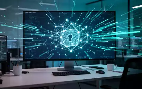 Digitale Visualisierung einer sicheren Software-Lieferkette mit Datenströmen und Netzwerkknoten auf einem Monitor. - Foto: über boerse-global.de