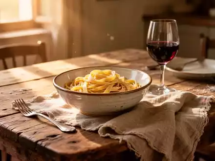 Rustikaler Holztisch mit hausgemachter Pasta und einem Glas Wein in warmem Sonnenlicht, der italienische Lebensfreude vermittelt. - Foto: über boerse-global.de