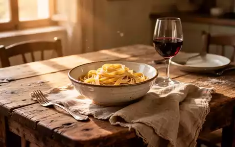 Rustikaler Holztisch mit hausgemachter Pasta und einem Glas Wein in warmem Sonnenlicht, der italienische Lebensfreude vermittelt. - Foto: ĂŒber boerse-global.de