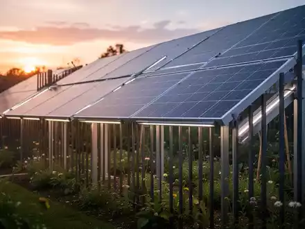 Moderne Photovoltaik-Elemente in einem Gartenzaun bei Sonnenuntergang als Symbol für sichere Außeninstallationen. - Foto: über boerse-global.de